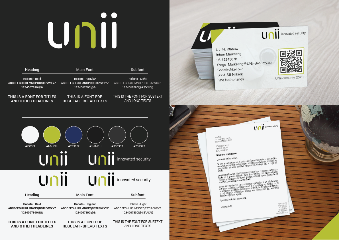 UNii Security brand guide with logo, colours and business cards
