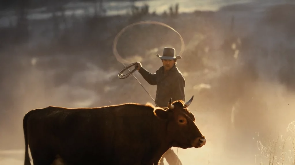 AI film still: a cowboy lassoing a cow