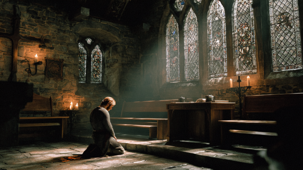 AI image: a knight kneeling in a candlelit chapel