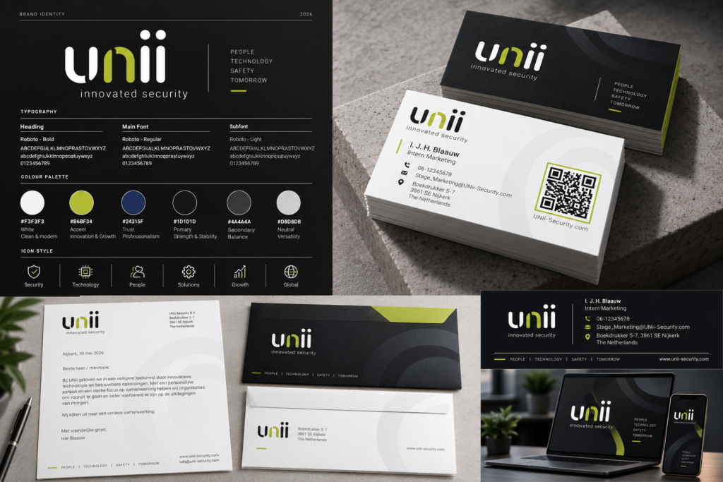 UNii Security brand guide with business cards, stationery and screens